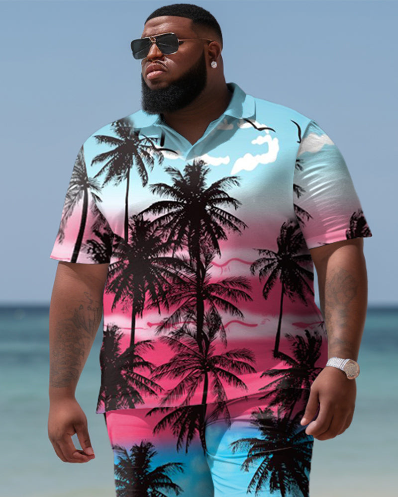 Hawaiian Coconut Gradient Polo Shirt and Shorts Two-Piece Men's Plus Size Set