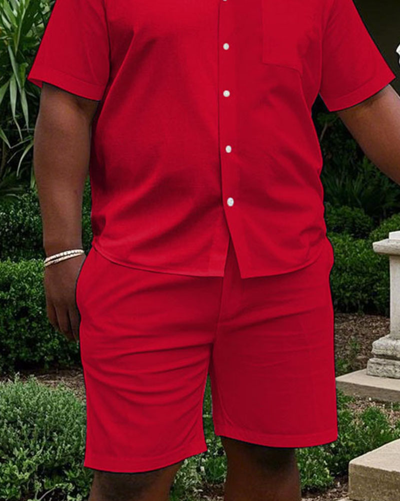 Solid Red Cuban Nose Short Sleeve Shirt Shorts Suit Men's Plus Size