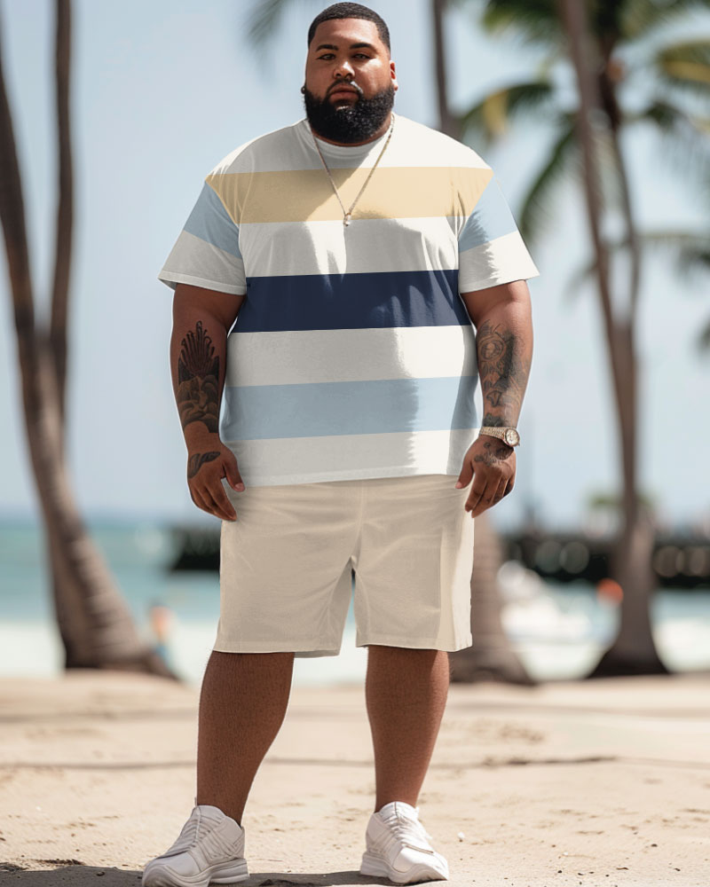 Men's Plus Size Hawaiian Simple Stripe Print T-Shirt Shorts Set