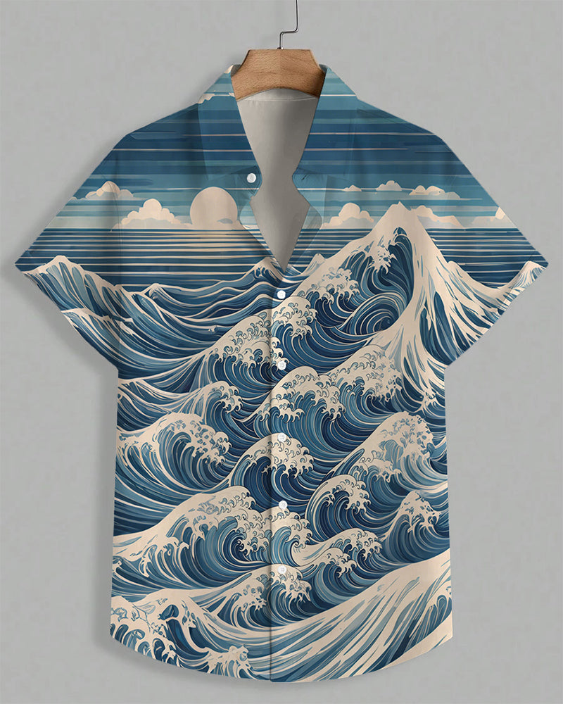 Men's Plus Size Hawaiian Blue Wave Print Short Sleeve Shirt