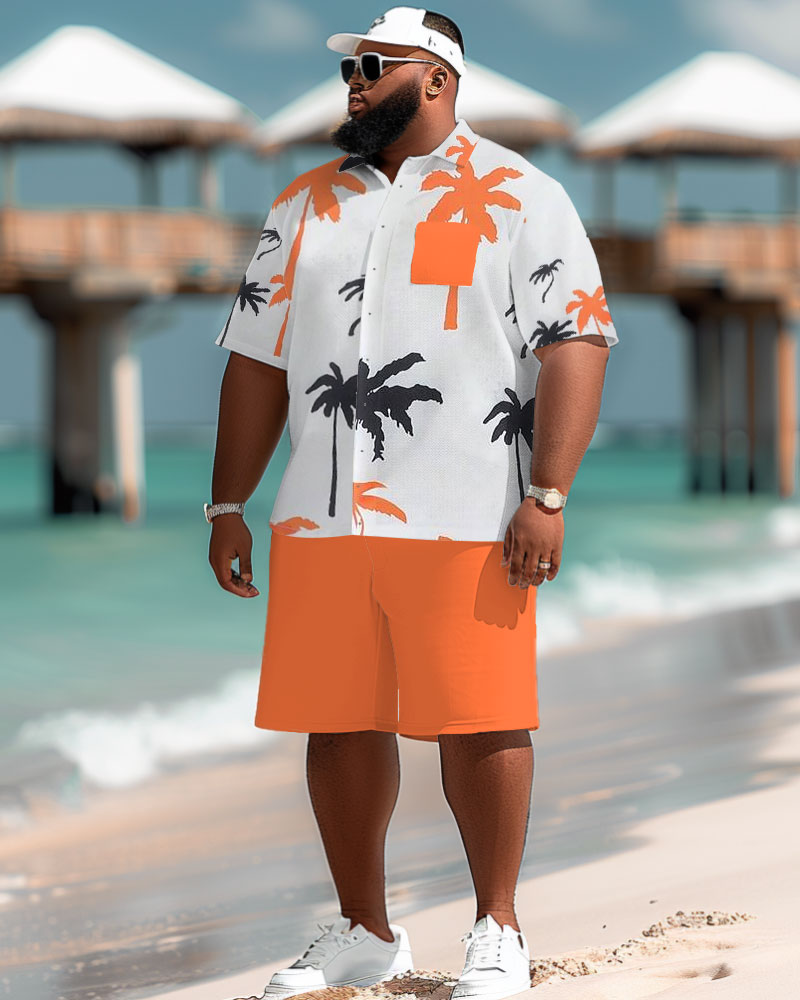 Men's Plus Size Hawaiian Coconut Tree Print Pocket Short Sleeve Shirt Shorts Set