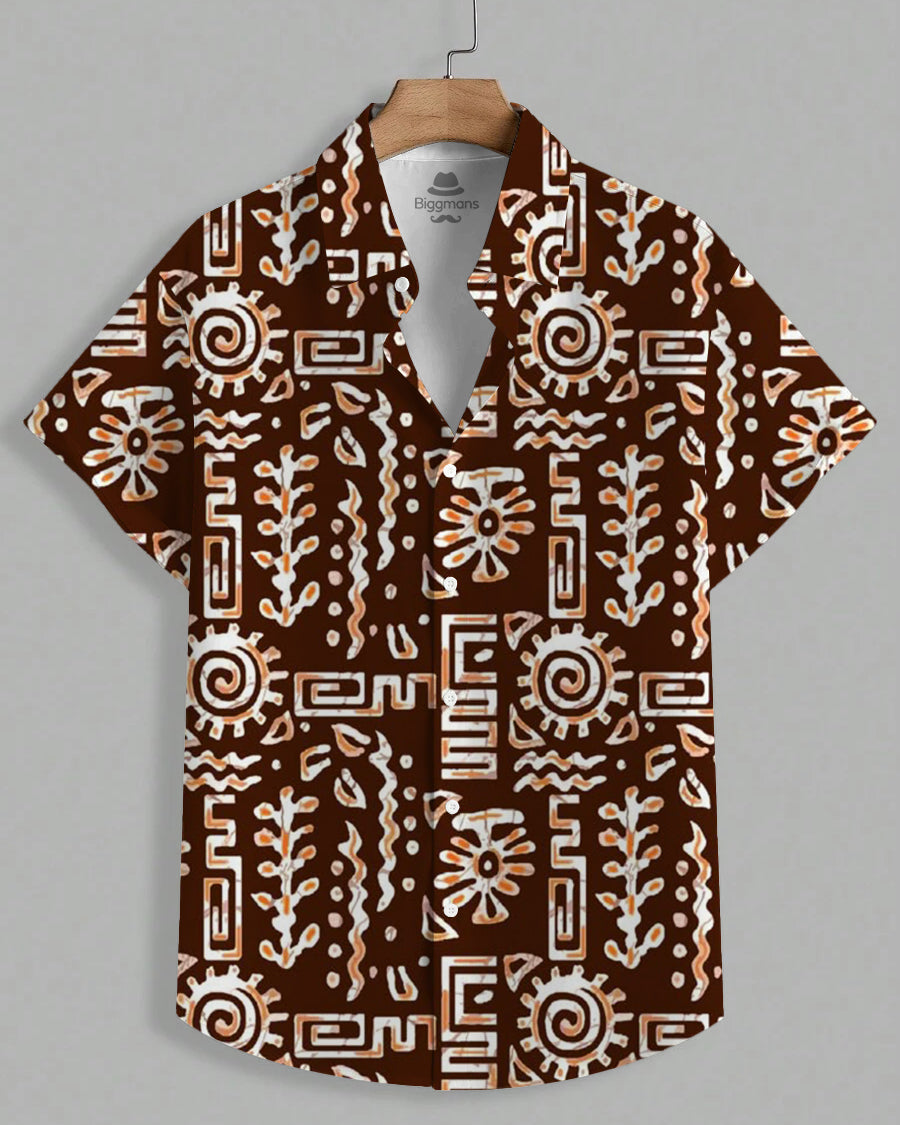 Men's Plus Size Hawaiian Brown Tribal Text Art Print Short Sleeve Shirt