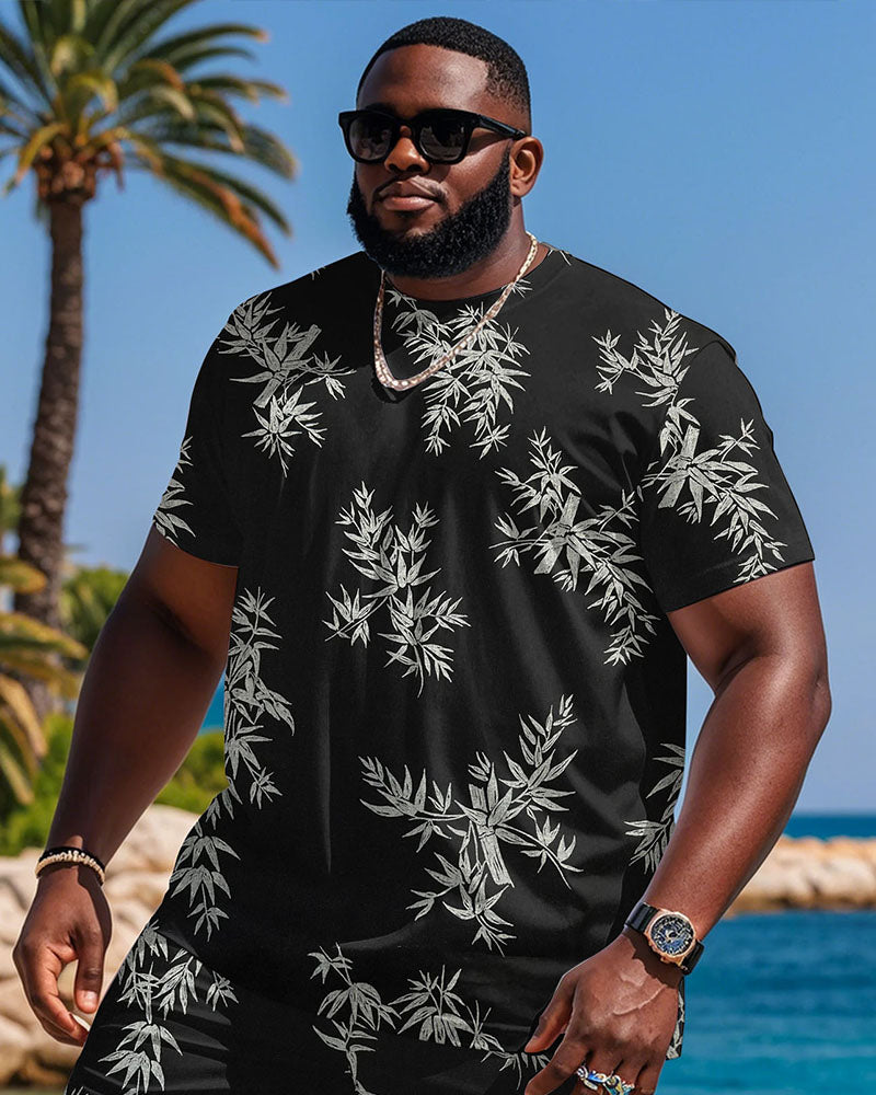 Plus Size Men's Casual Fashion Black Jacquard T-shirt Shorts Suit