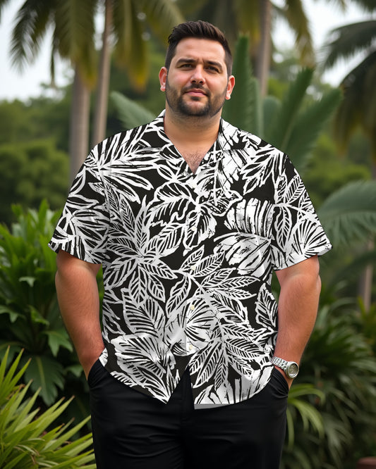 Hawaiian Casual Black Floral Monochrome Print Men's Plus Size Cuban Nocket Short Sleeve Shirt