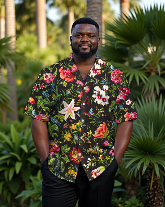 Casual Hawaiian Black Garden Men's Plus Size Cuban Collar Short Sleeve Shirt