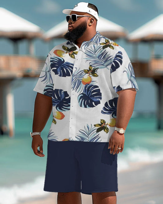 Men's Plus Size Hawaiian Tropical Leaf Print Short Sleeve Shirt Shorts Suit