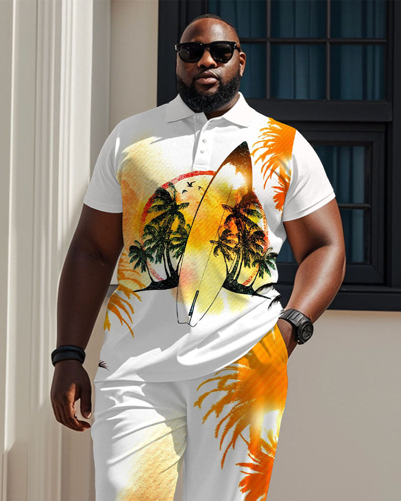 Hawaiian Surf Print White Short Sleeve Polo Trousers Suit Men's Plus Size