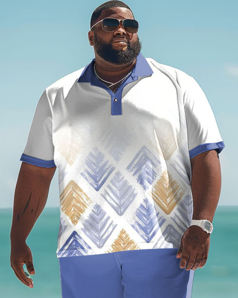 Men's Plus Size Hawaiian Gradient Leaf Diamond Print Polo Shorts Suit