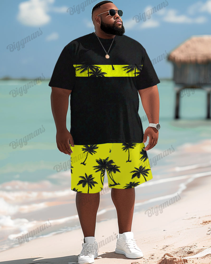 Men's Plus Size Hawaiian Tropical Yellow Coconut Tree Patchwork Print Shorts Suit