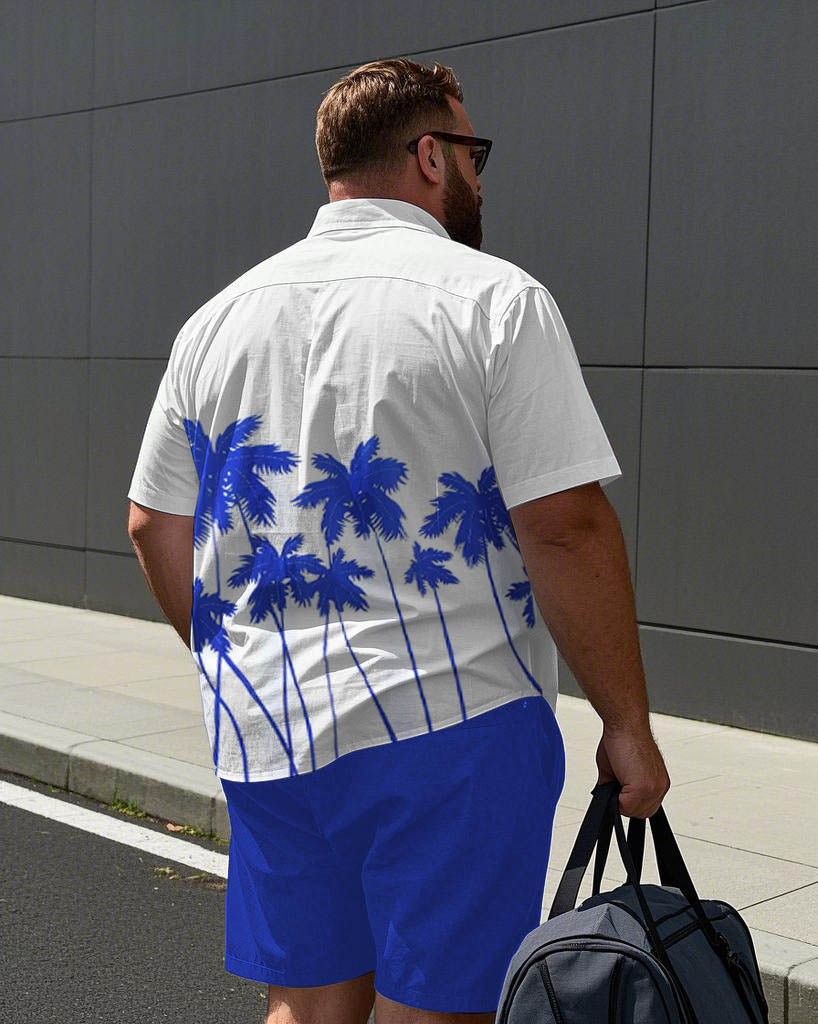 Men's Plus Size White & Blue Simple Brown Tree Print Short Sleeve Shirt Shorts Suit