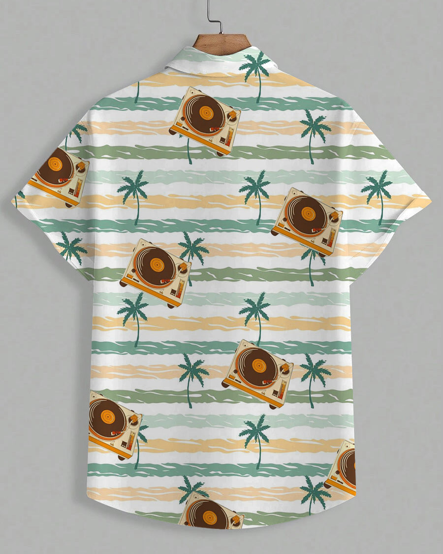 Men's Plus Size Hawaiian Green Coconut Stripe Musical Short Sleeve Shirt