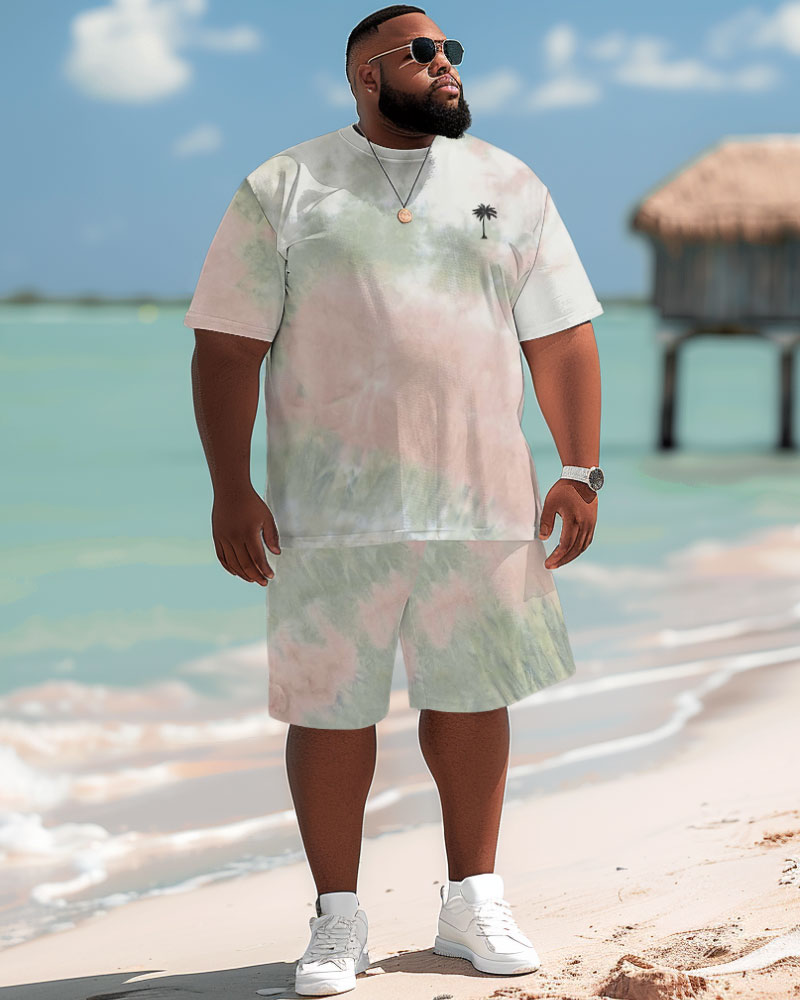 Hawaiian Tie-Dye Coconut Tree Print Shorts Men's Plus Size Set