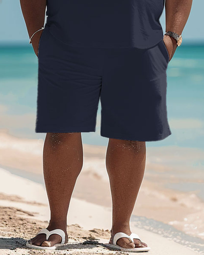 Men's Plus Size Hawaiian Colorblock Print Polo Shorts Suit