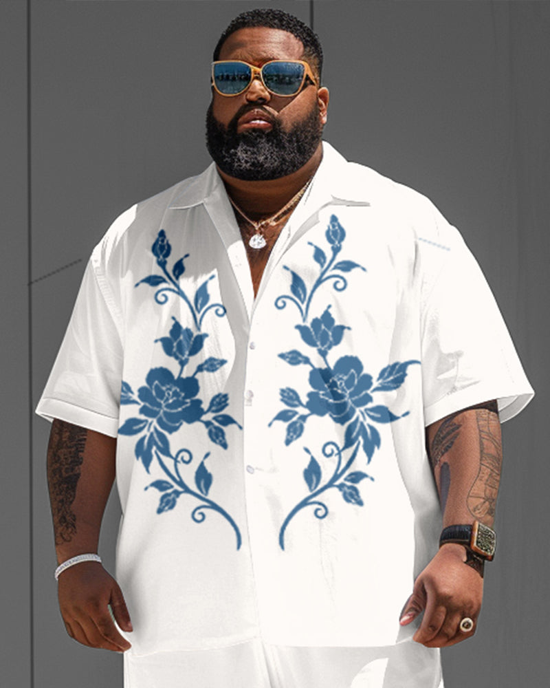 Men's Plus Size Simple Symmetrical Retro Flower Print Shirt Shorts Suit