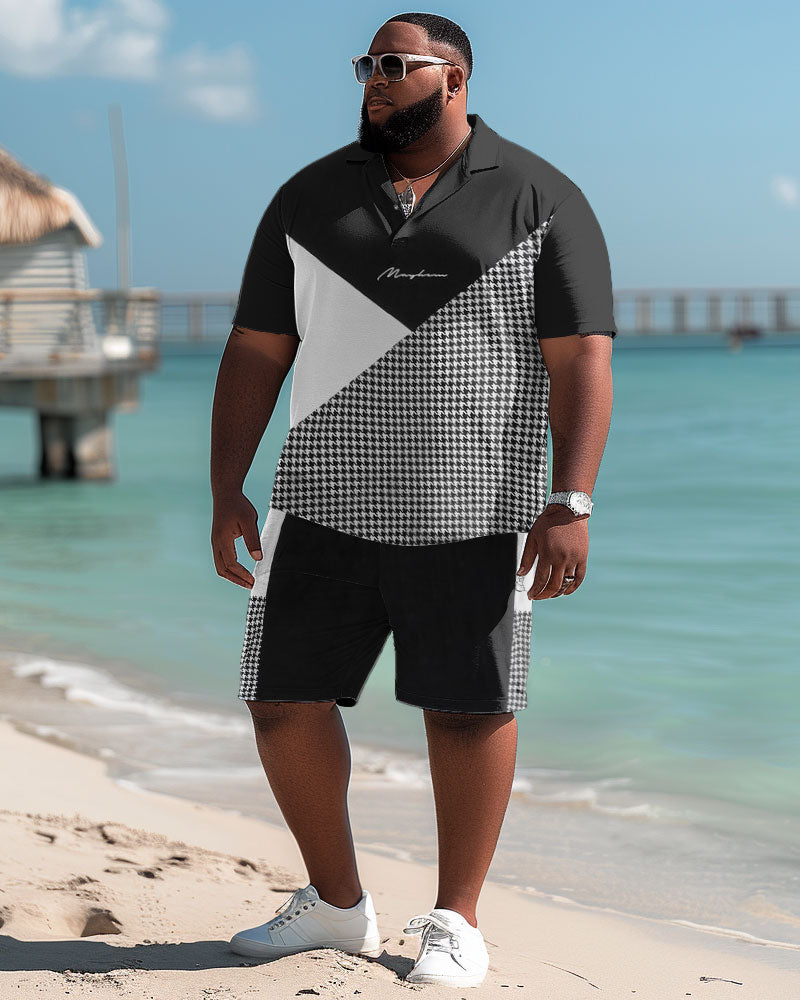 Men's Plus Size Casual Simple Color-block Print Polo Shorts Suit