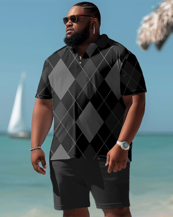 Men's Plus Size Casual Diamond Plaid Polo Shorts Set