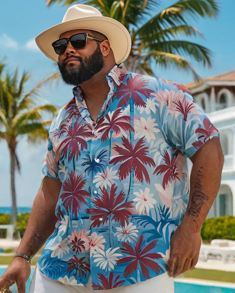 Men's Plus Size Hawaiian Blue Coconut Floral Print Short Sleeve Shirt