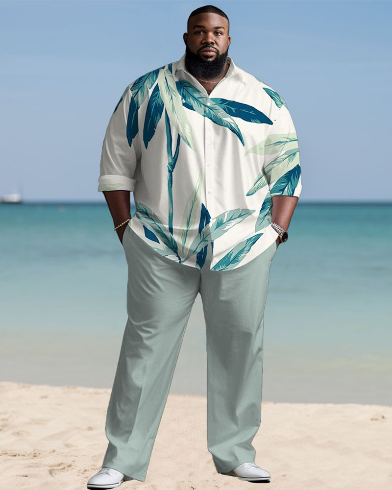 Men's Plus Size Hawaiian Leaf Long Sleeve Shirt Trousers Suit