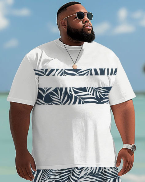 Hawaiian Simple Striped Leaf Print Shorts Men's Plus Size Set