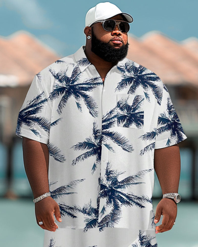 Men's Plus Size Hawaiian Coconut Tree Print Pocket Short Sleeve Shirt Shorts Set