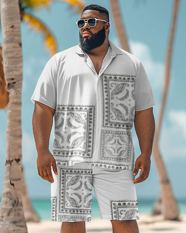 Men's Plus Size Simple Hawaiian Plant Print Shirt Shorts Set