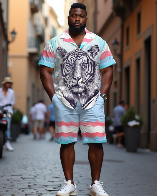 Men's Plus Size Cute Leopard Animal Print Casual Cuban Nearline Short Sleeve Shirt Shorts Suit