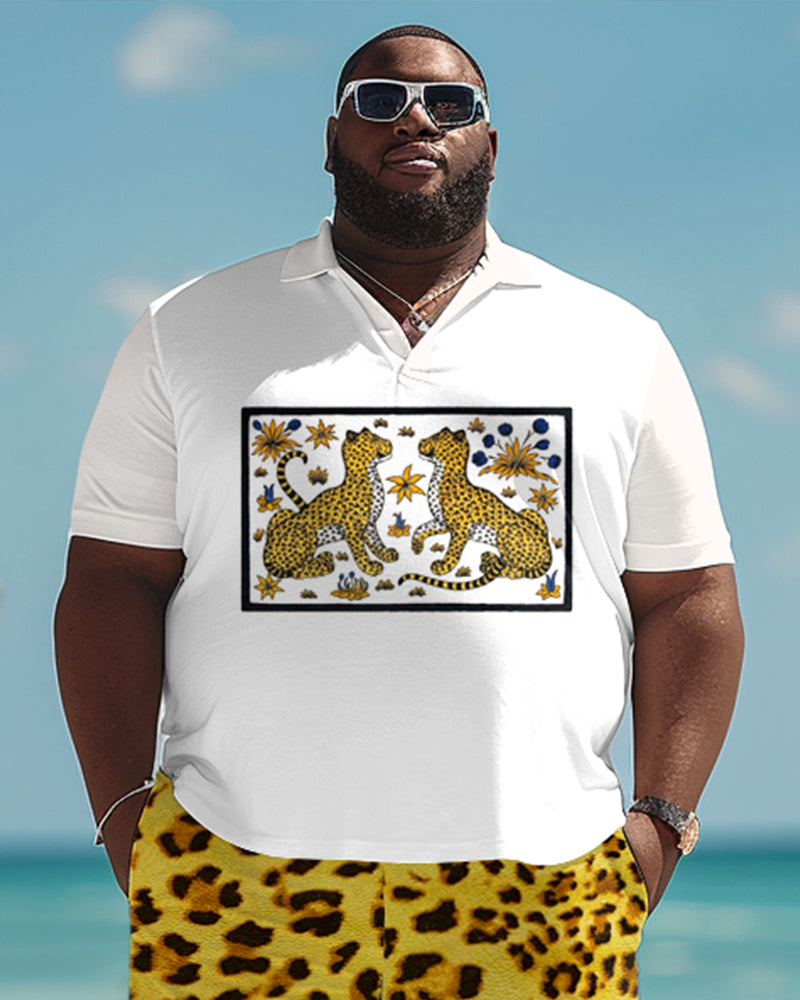 Men's Plus Size Wild Animal Textured Print Polo Shirt Shorts Suit