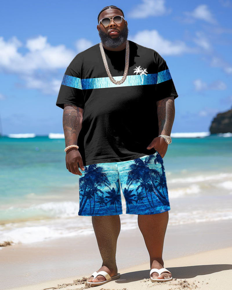 Men's Plus Size Hawaiian Patchwork Gradient Coconut Tree Print T-Shirt Shorts Set