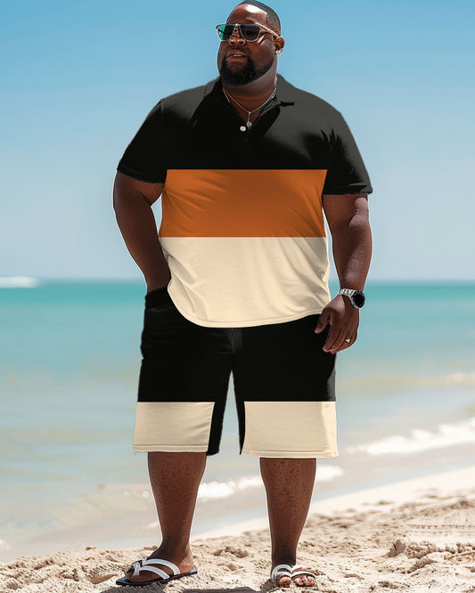 Men's Plus Size Simple Tricolor Stripe Print Polo Shorts Suit