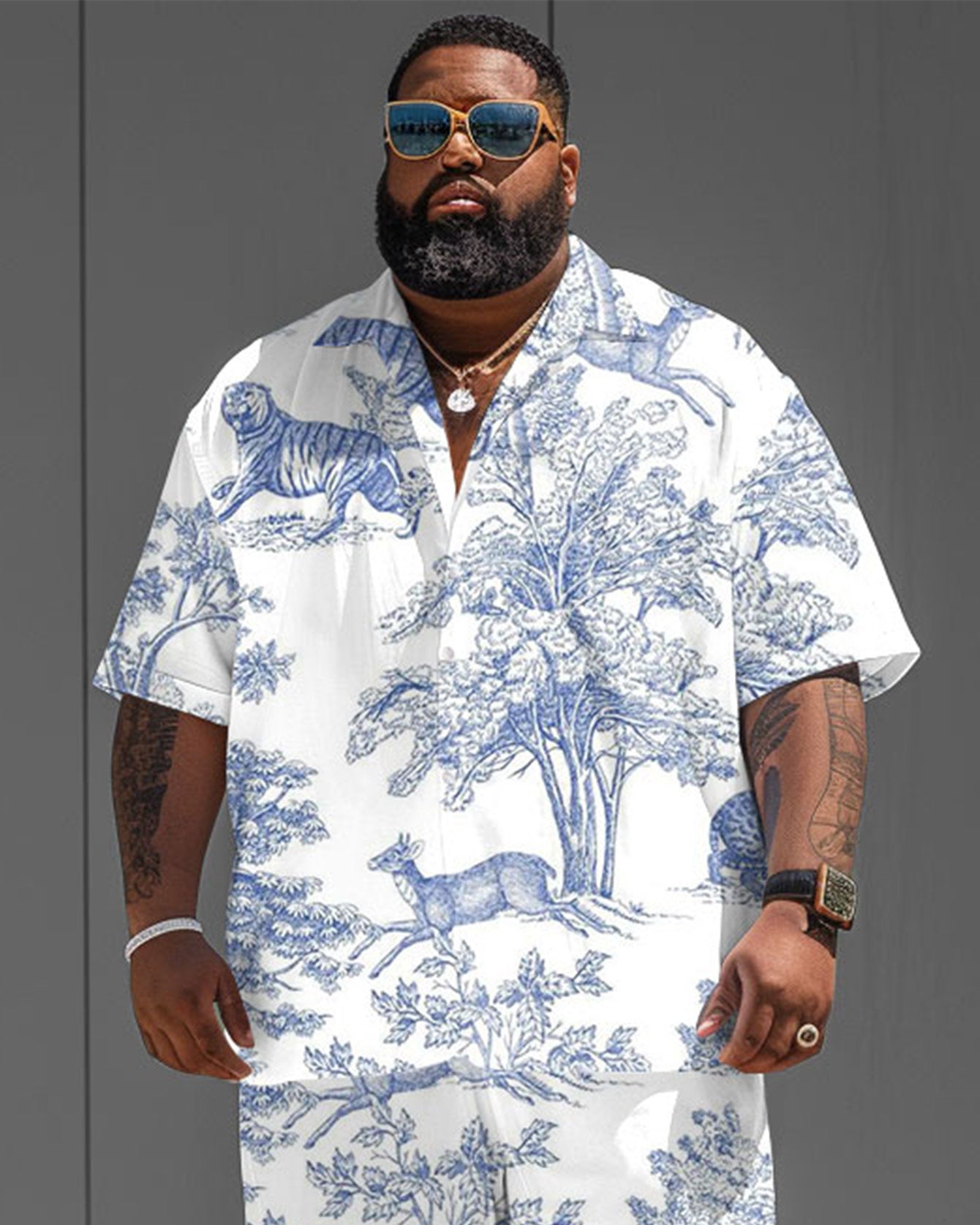 Men's Plus Size Street Fashion Nature Print Short Sleeve Shirt Shorts Suit