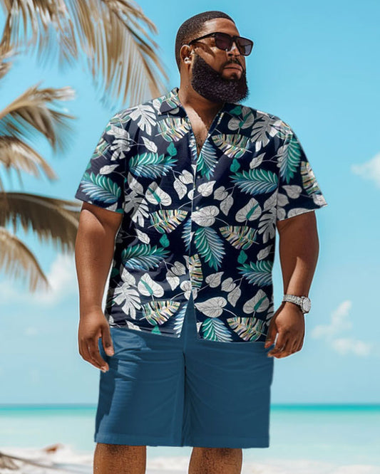 Men's Plus Size Hawaiian Tropical Leaf Print Shirt Shorts Suit