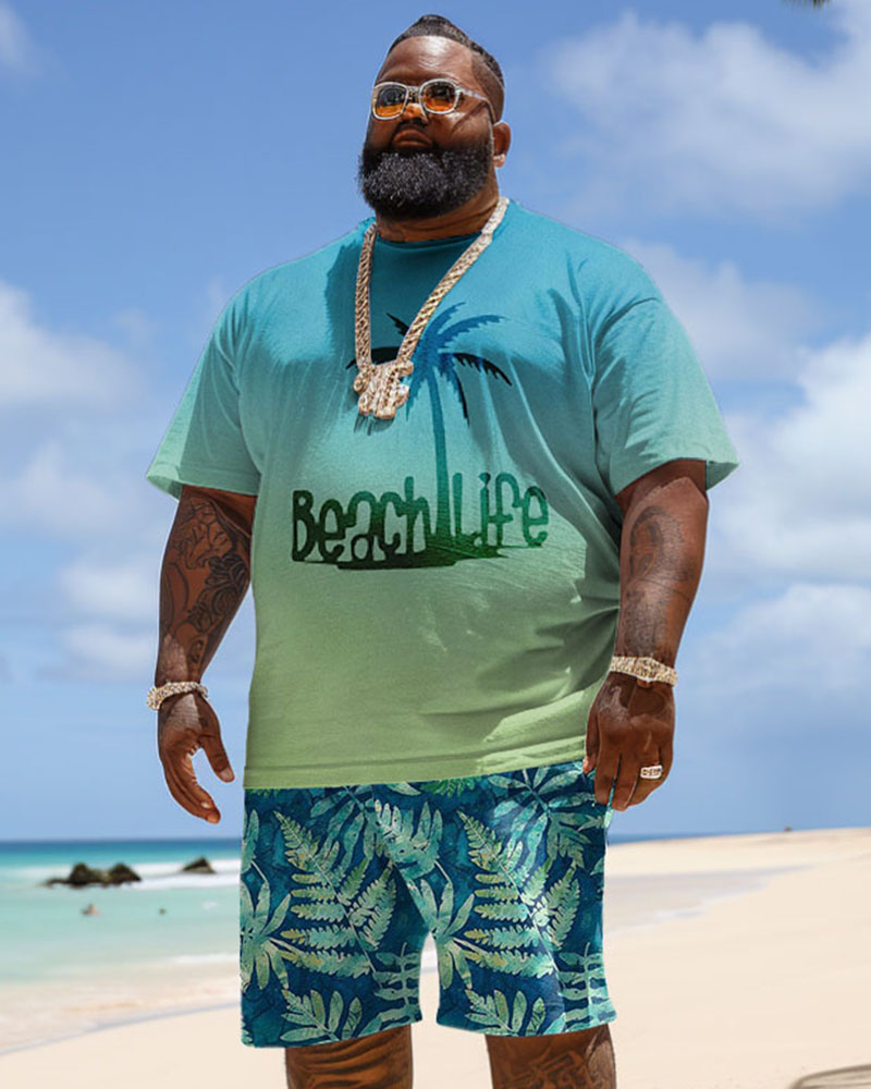 Men's Plus Size Hawaiian Gradient Coconut Tree Alphabet Print T-Shirt Shorts Suit