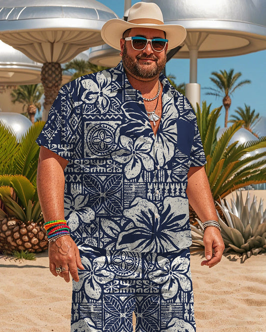 Men's Plus Size Hawaiian Aztec Apricot Ethnic Print Shirt Shorts Suit