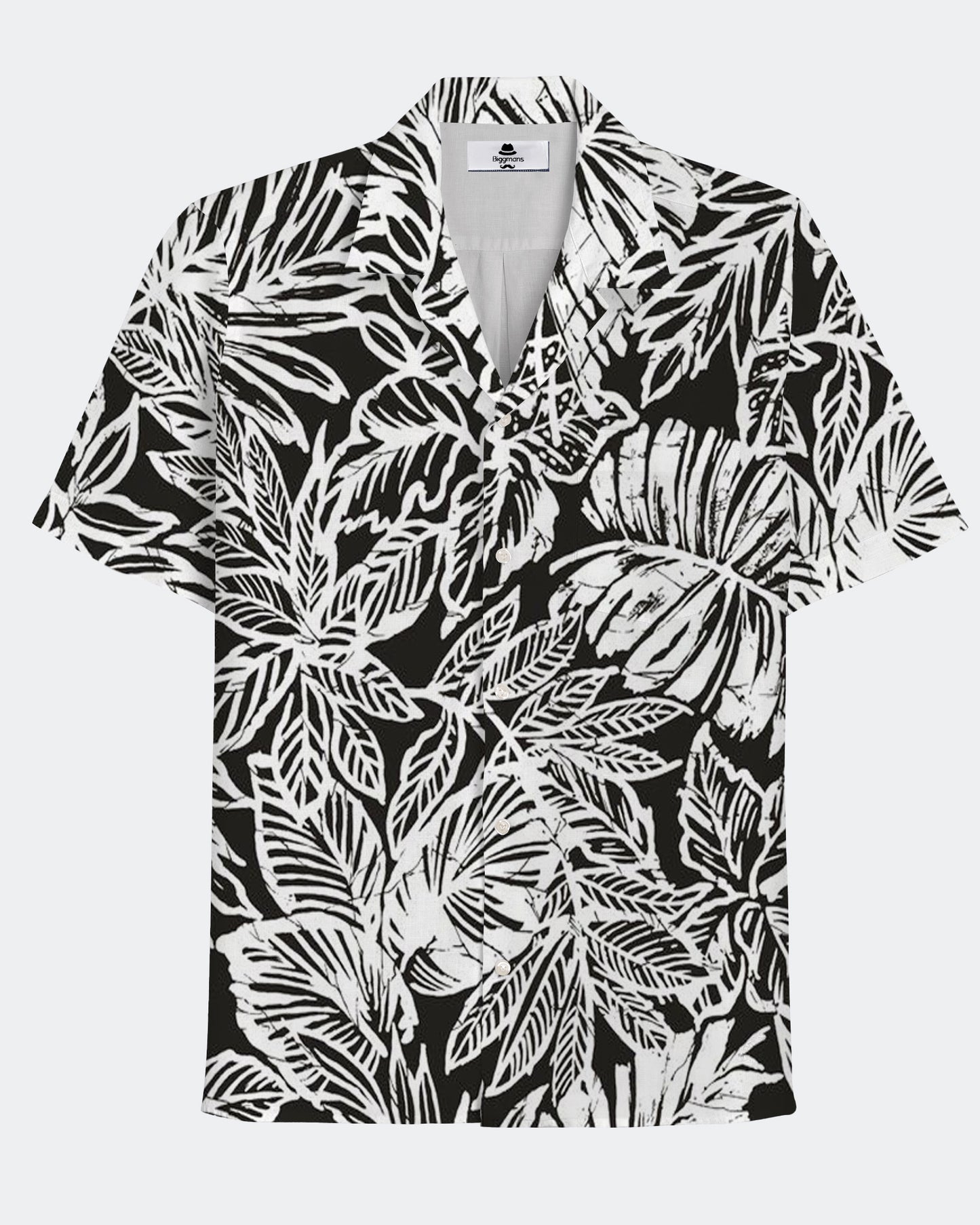 Hawaiian Casual Black Floral Monochrome Print Men's Plus Size Cuban Nocket Short Sleeve Shirt