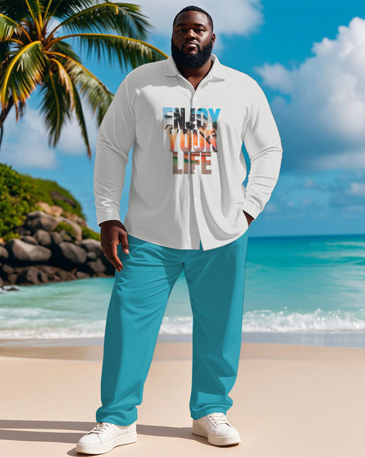 Men's Plus Size Hawaiian Coconut Tree Sunset Gradient Letter Print Long Sleeve Shirt Trousers Suit