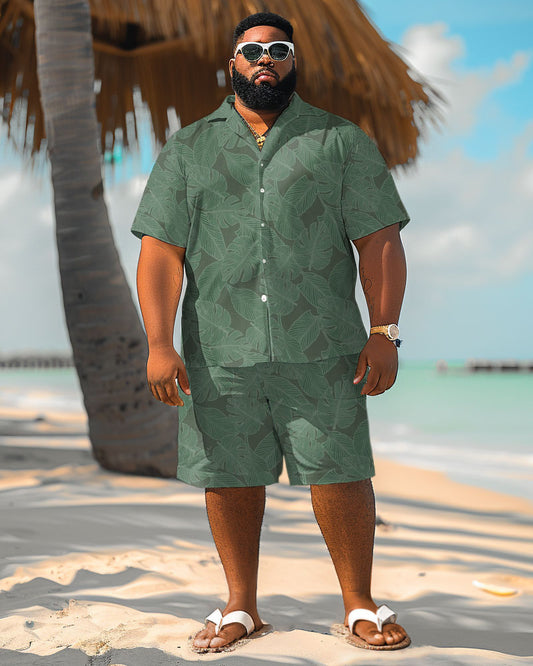 Men's Plus Size Hawaiian Leaf Textured Print Shirt Shorts Suit