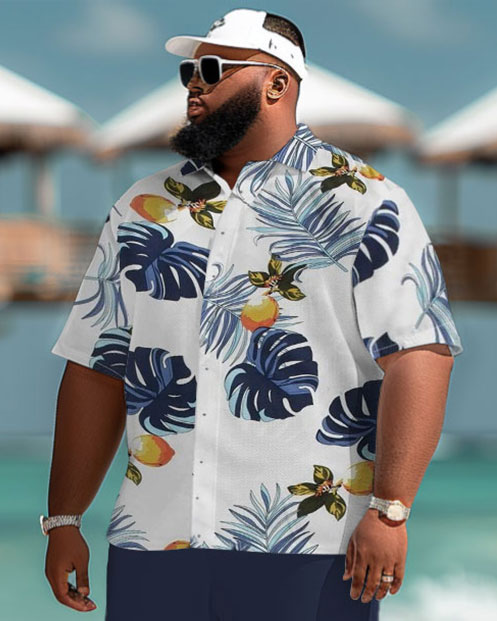 Men's Plus Size Hawaiian Tropical Leaf Print Short Sleeve Shirt Shorts Suit