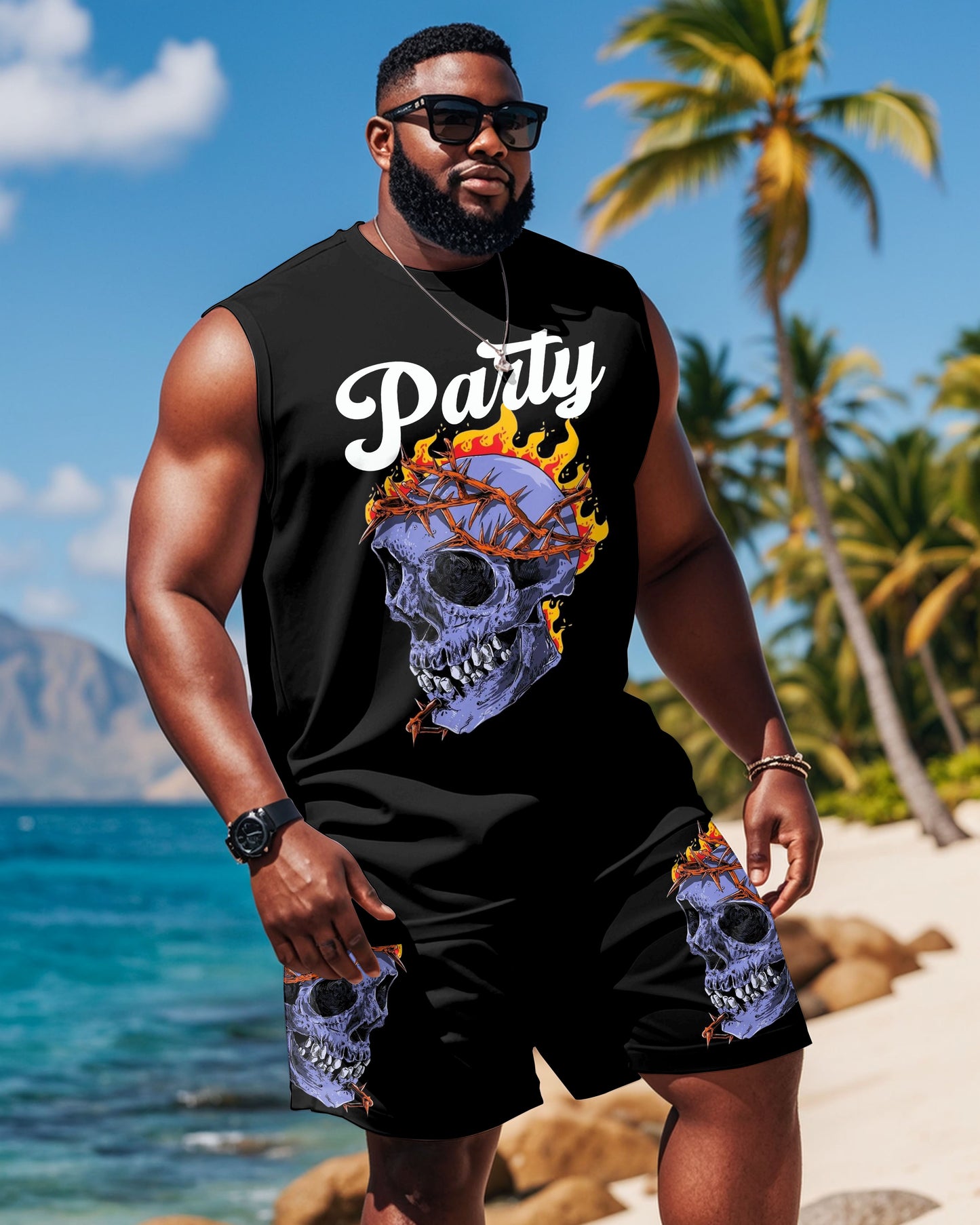 Men's Big Summer Black Skull Party Tank Shorts Suit