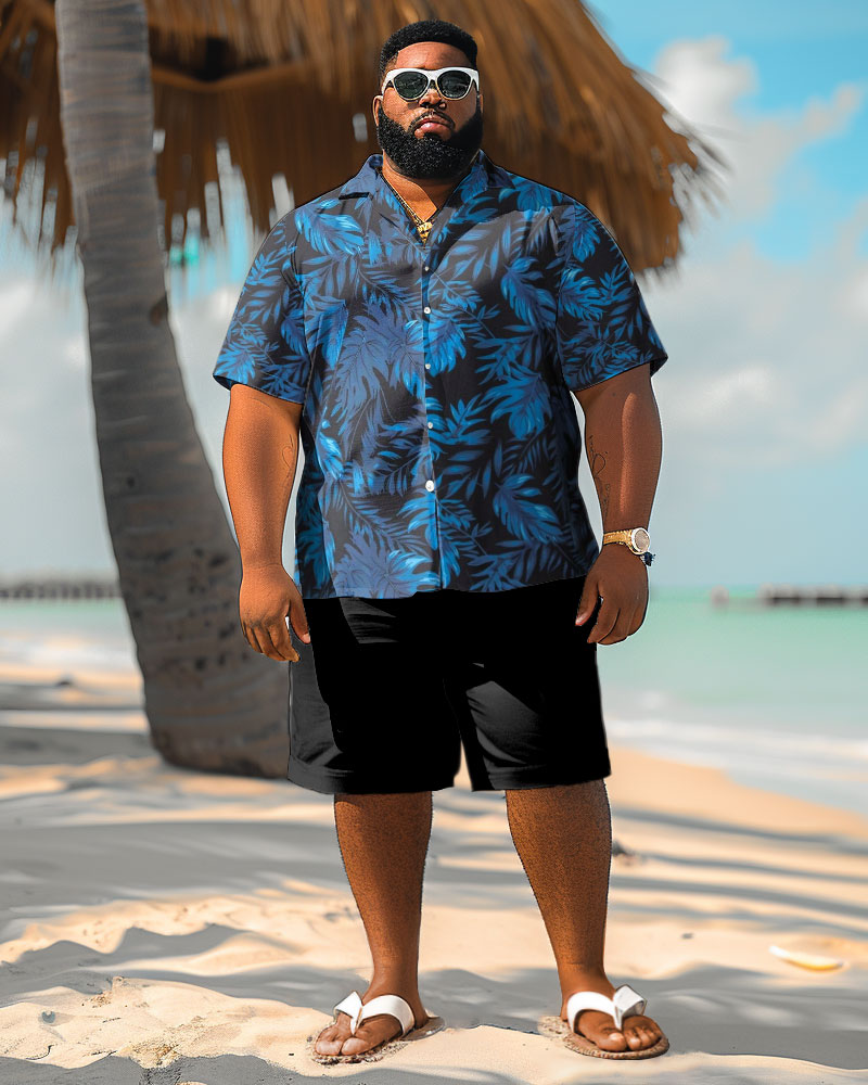 Men's Plus Size Hawaiian Blue Leaf Print Shirt Shorts Suit