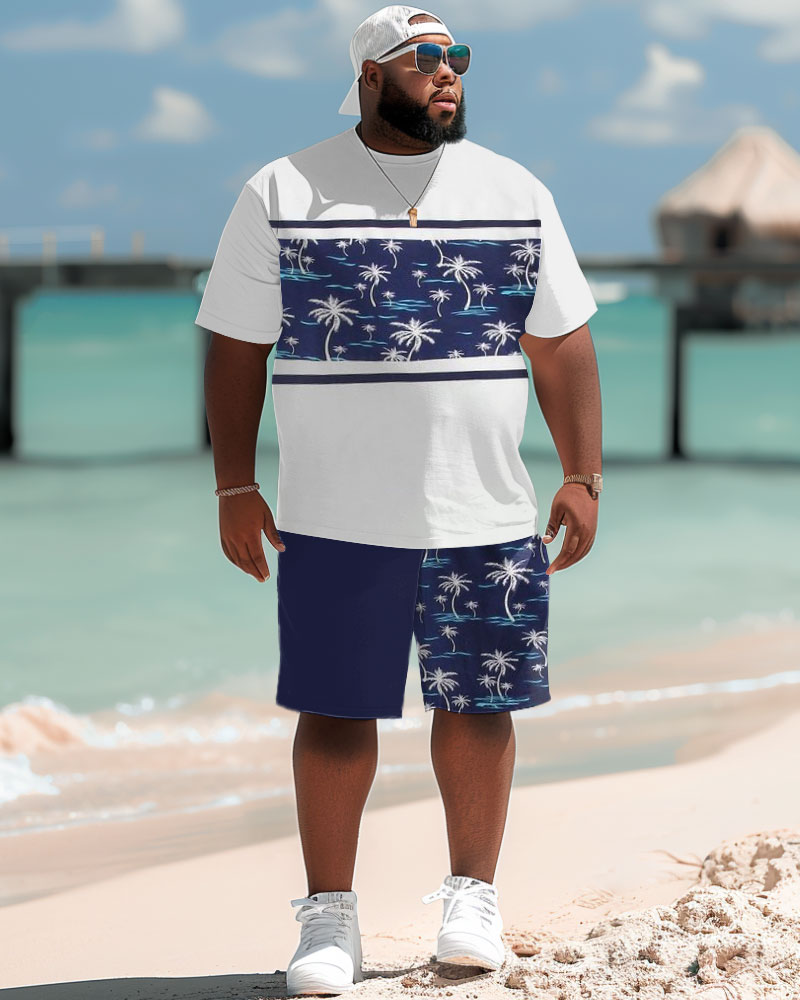 Hawaiian Simple Striped Leaf Print Shorts Men's Plus Size Suit