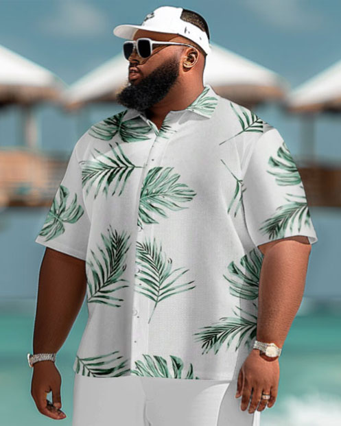 Men's Plus Size Hawaiian Tropical Leaf Print Short Sleeve Shirt Shorts Suit