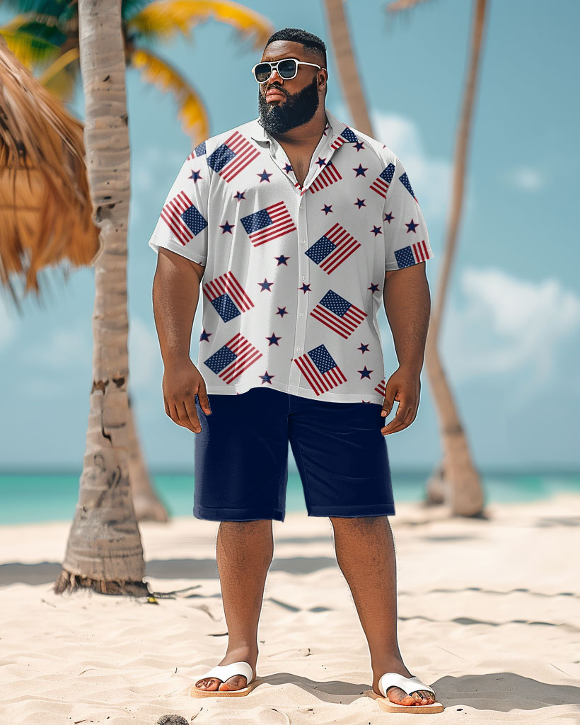 Men's Plus Size Summer Independence Day Flag Print Shirt Shorts Set