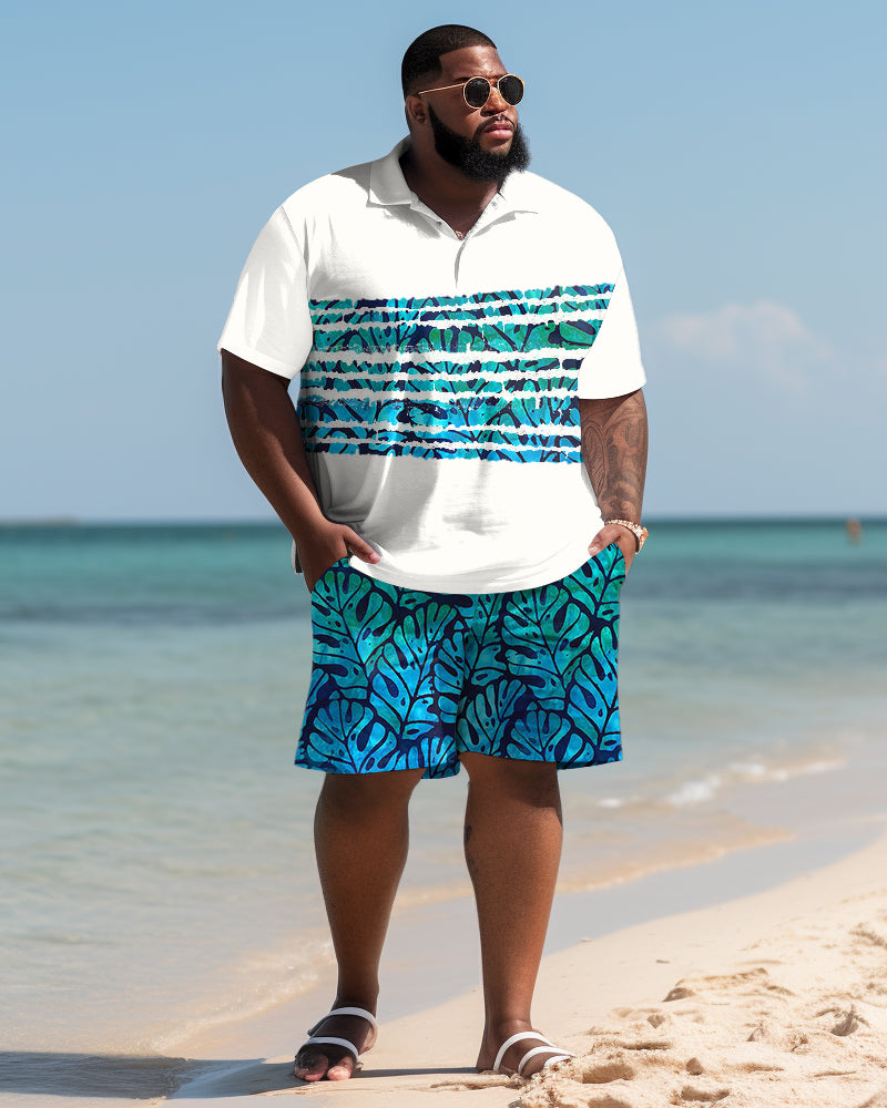 Hawaiian Leaf Striped Polo Shirt and Shorts Two-Piece Men's Plus Size Set