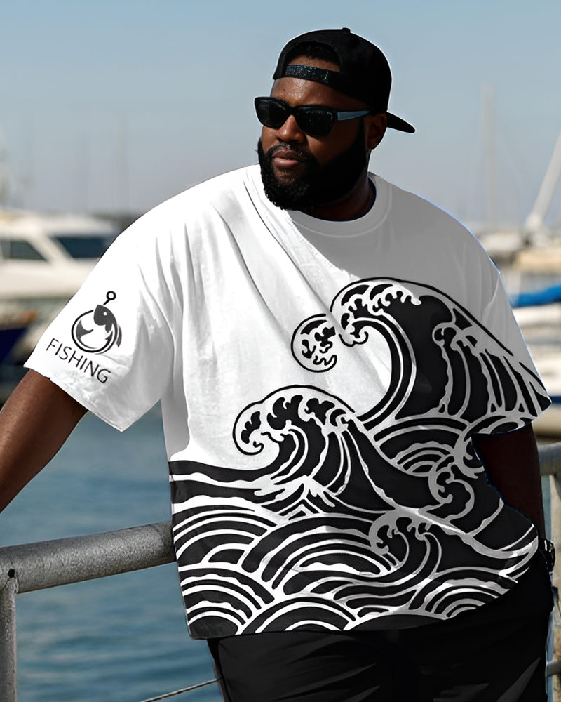 Men's Plus Size Casual Lazy Wave Fishing Logo Print T-Shirt Shorts Suit