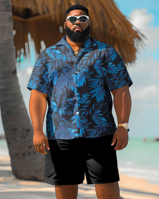 Men's Plus Size Hawaiian Blue Leaf Print Shirt Shorts Suit