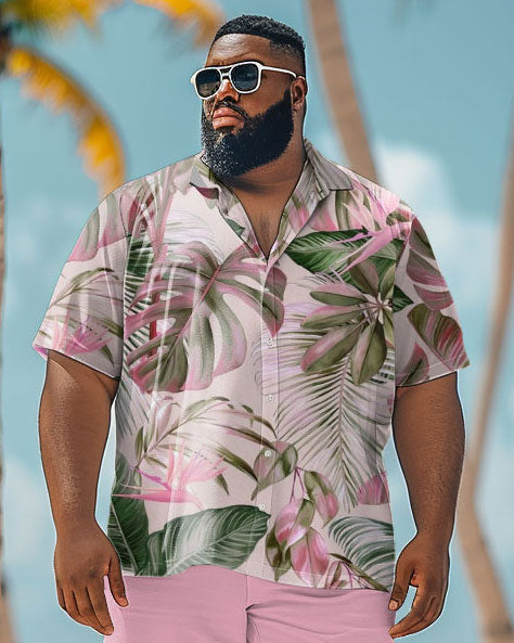 Big and Tall Men Hawaiian Plant Print Pink Shirt Shorts Set