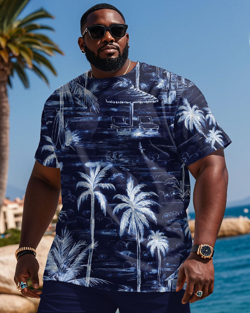 Plus Size Men's Royal Blue Full Print Coconut Tree Print T-Shirt Shorts Suit