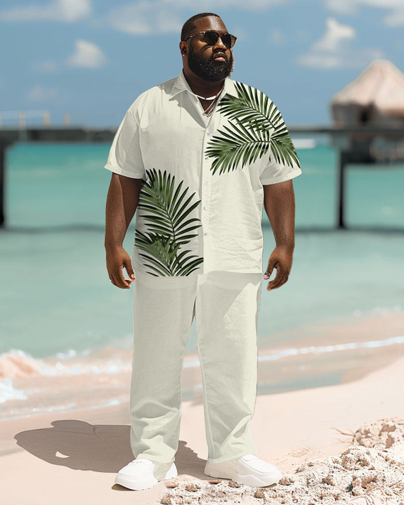 Men's Plus Size Hawaiian Palm Leaf Print Short Sleeve Shirt Trousers Suit