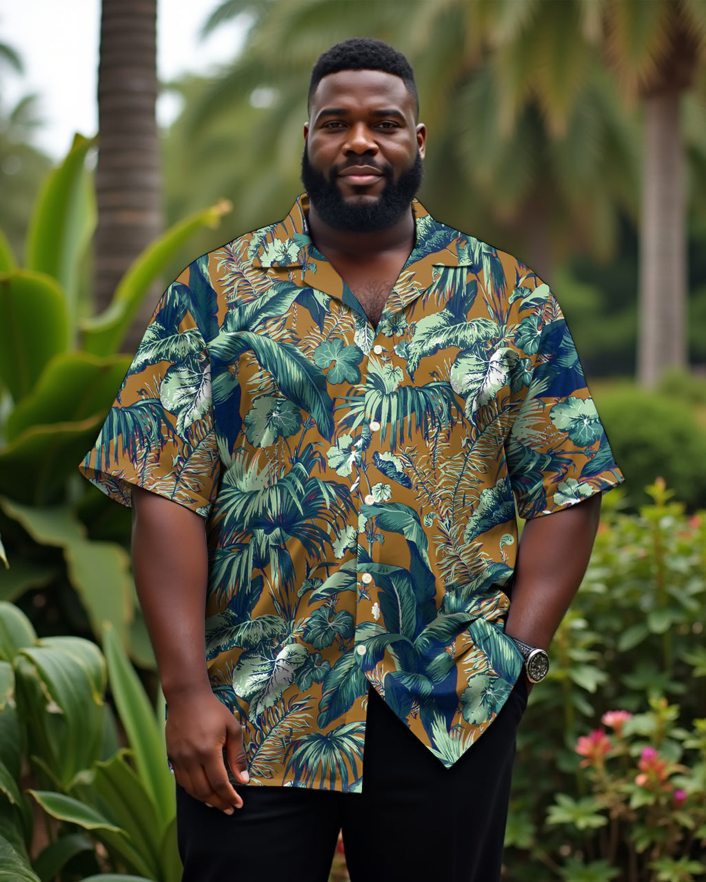 Hawaiian Casual Khaki Big Brown Tree Men's Plus Size Cuban Nearline Short Sleeve Shirt