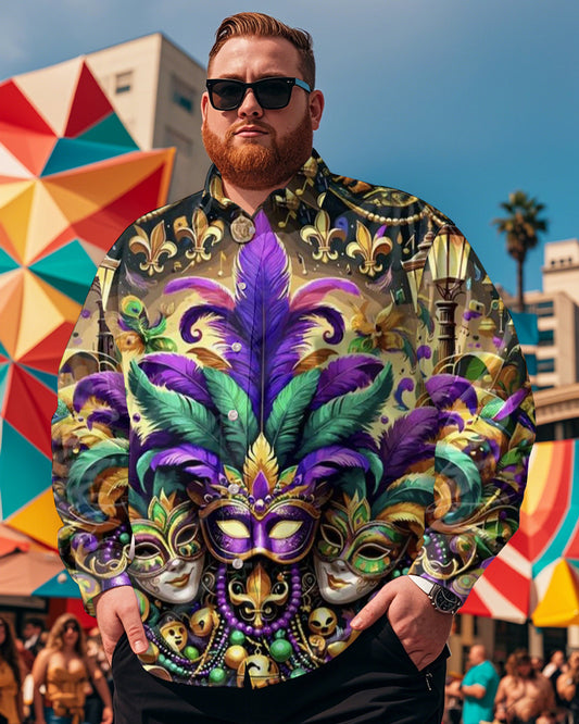 Men's Plus Size Carnival Color Belt Mask Print Long Sleeve Shirt